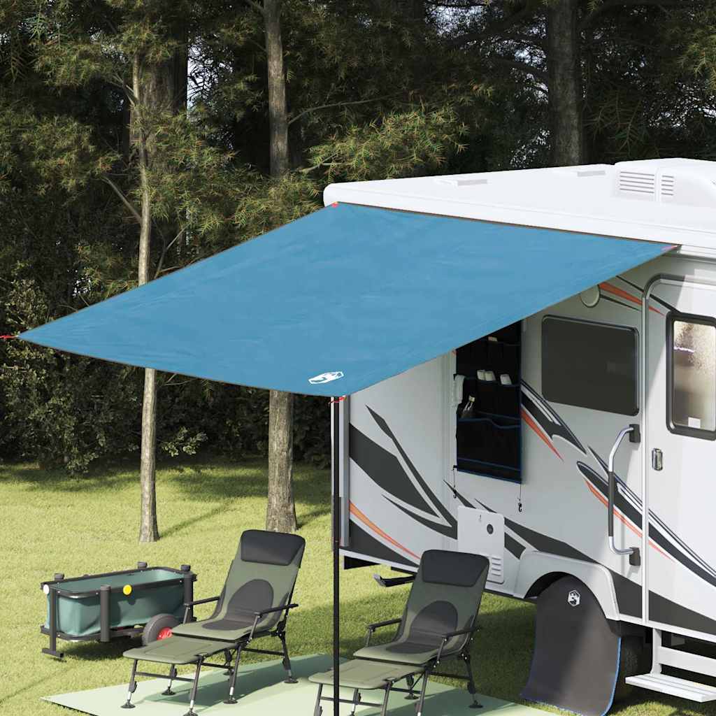 vidaXL waterbestendige tarp in blauw, bevestigd aan een camper voor schaduw en bescherming.