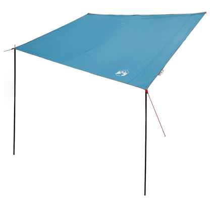 Detail van de vidaXL waterbestendige tarp in lichtblauw, zijaanzicht met opgezette stokken.