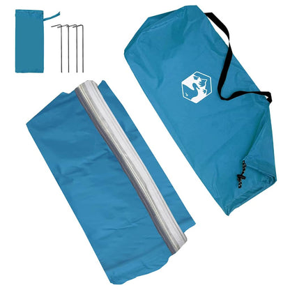 Detail van de vidaXL waterbestendige tarp in blauw, met accessoires en opbergtas.