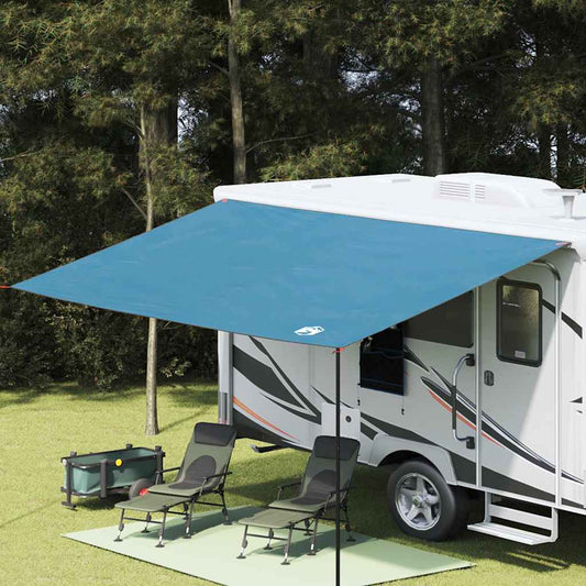 vidaXL waterbestendige tarp in blauw, geïnstalleerd bij een camper voor schaduw en bescherming.