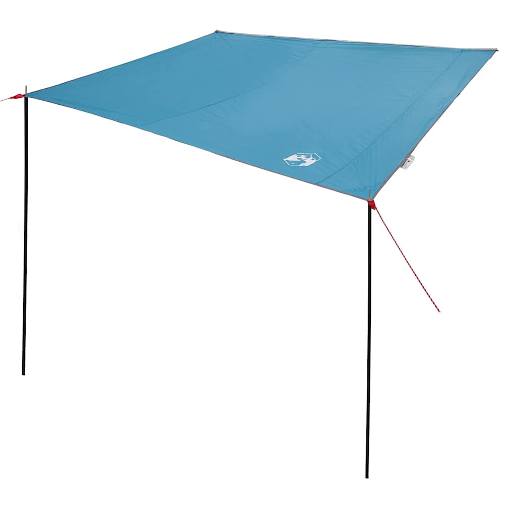 Blauwe vidaXL waterbestendige tarp in een schuin zicht, met metalen stokken en spankabels.