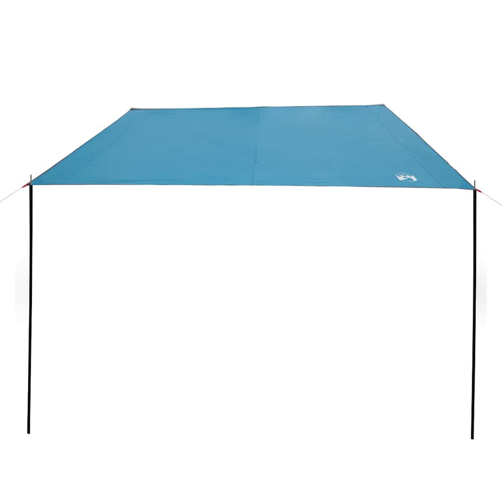 Zijaanzicht van de vidaXL waterbestendige tarp in blauw, met metalen stokken en spankabels.