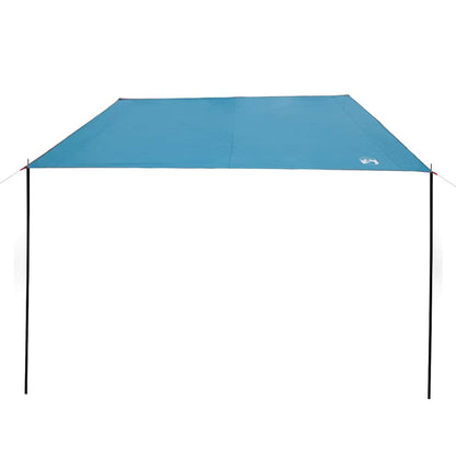 Zijaanzicht van de vidaXL waterbestendige tarp in blauw, met metalen stokken en spankabels.