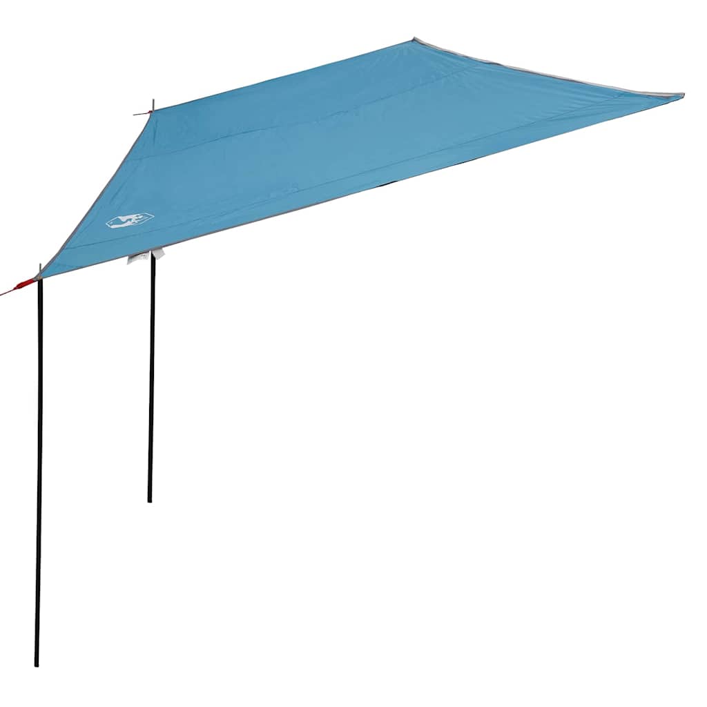 Detail van de vidaXL waterbestendige tarp in lichtblauw, met metalen stokken en spankabels.