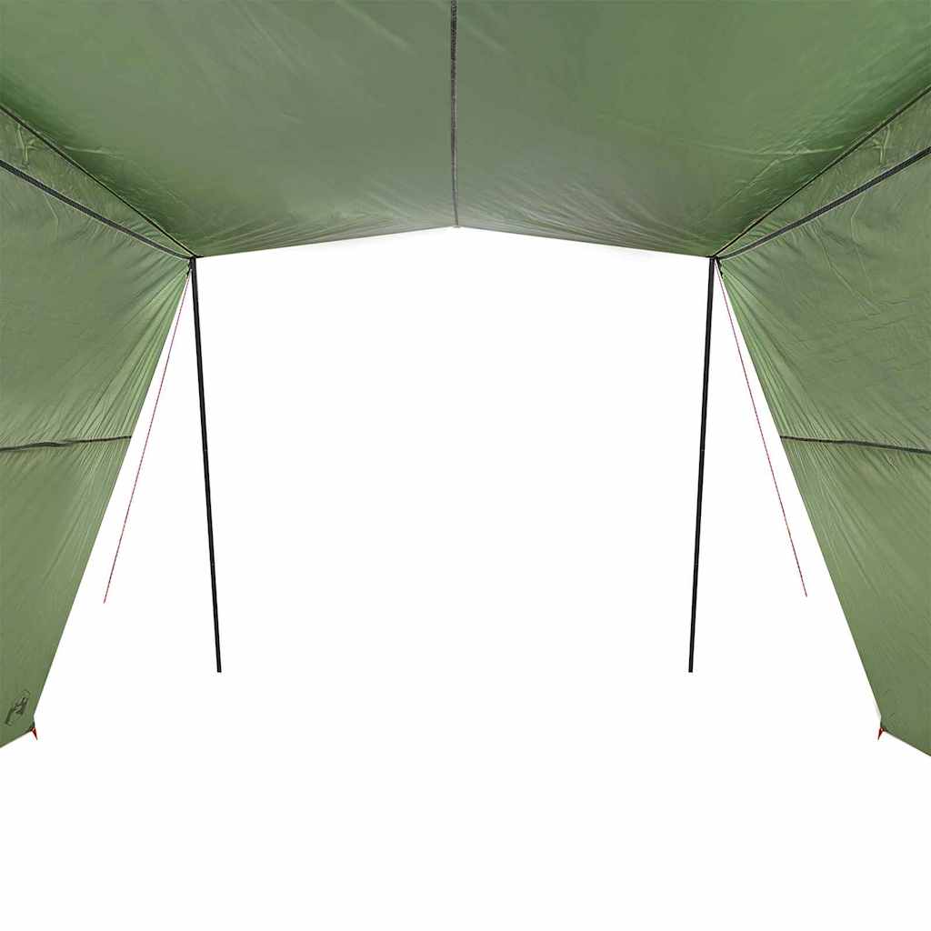Detail van de vidaXL waterbestendige tarp met dak, zijaanzicht van de groene stof en stangen.