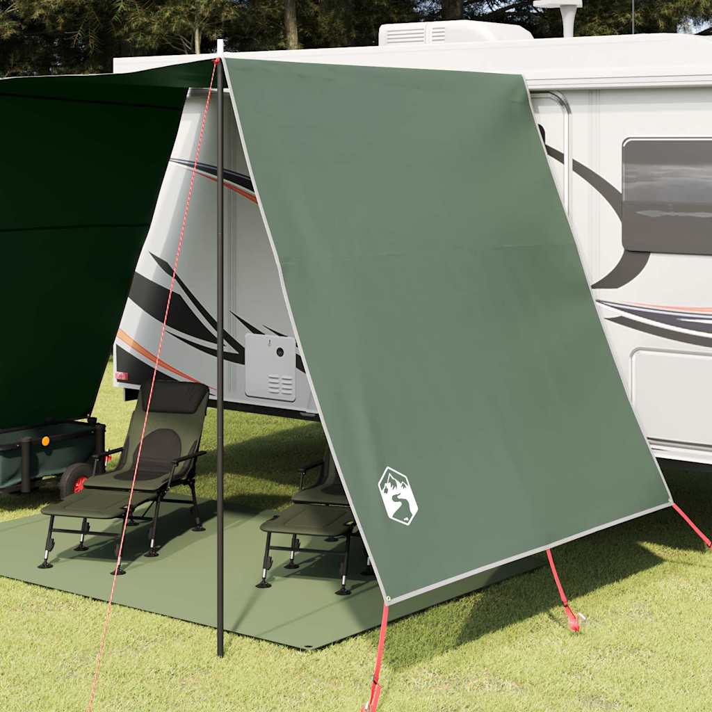 Detail van de vidaXL waterbestendige tarp in groen, opgesteld met stoelen eronder.
