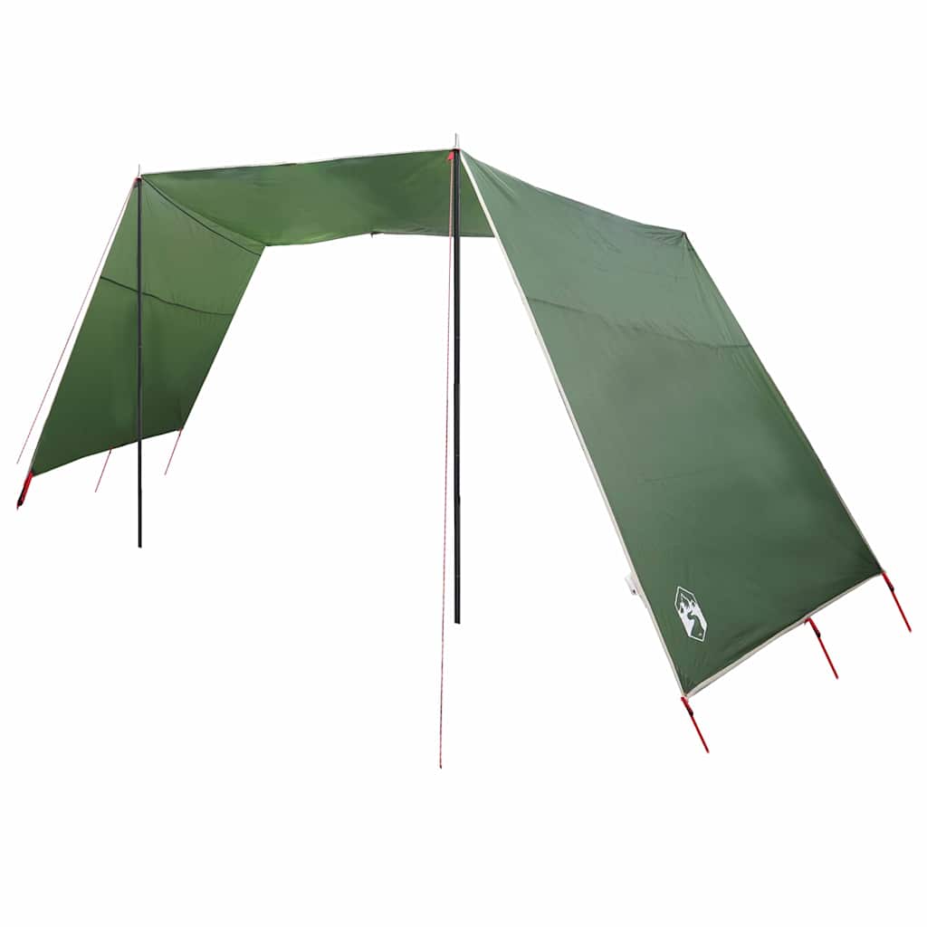 Detail van de vidaXL waterbestendige tarp in groen, zijaanzicht met opgezette steunpalen.