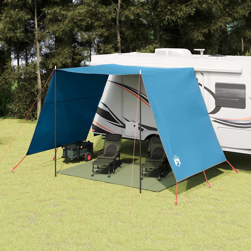 VidaXL waterbestendige tarp in blauw, opgezet als schuilplek bij een camper.