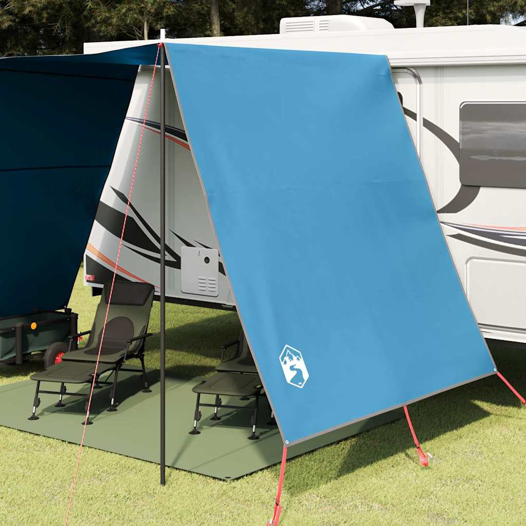 Detail van de vidaXL waterbestendige tarp in blauw, opgesteld met campingstoelen eronder.