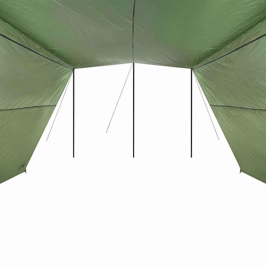 Zijaanzicht van de vidaXL waterbestendige tarp met groene doek en zwarte stokken.