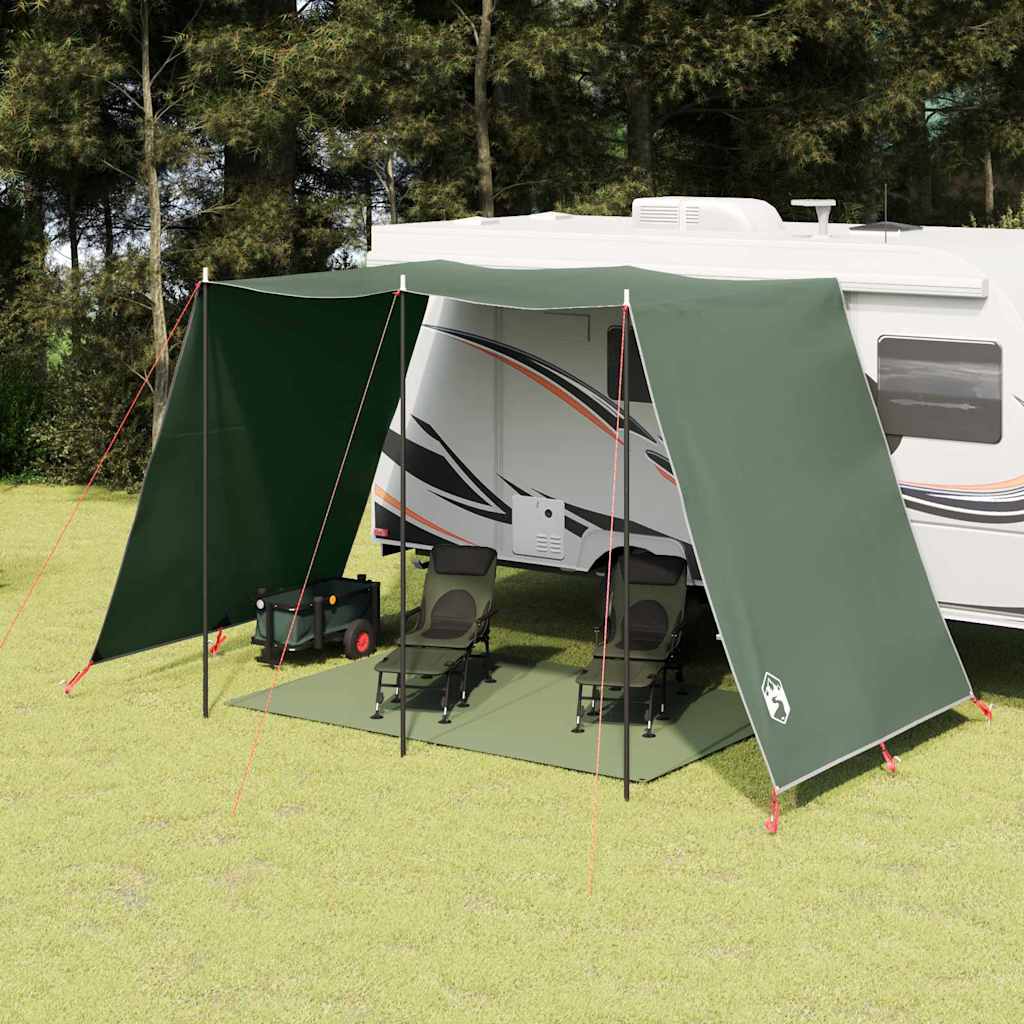 vidaXL waterbestendige tarp in groen, opgesteld als schuilplek bij een caravan.