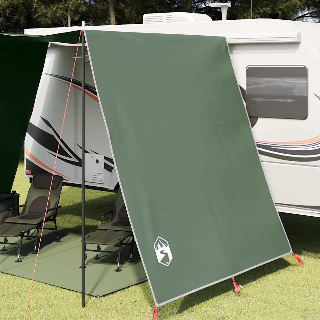 Detail van de vidaXL waterbestendige tarp in groen, opgesteld met campingstoelen eronder.