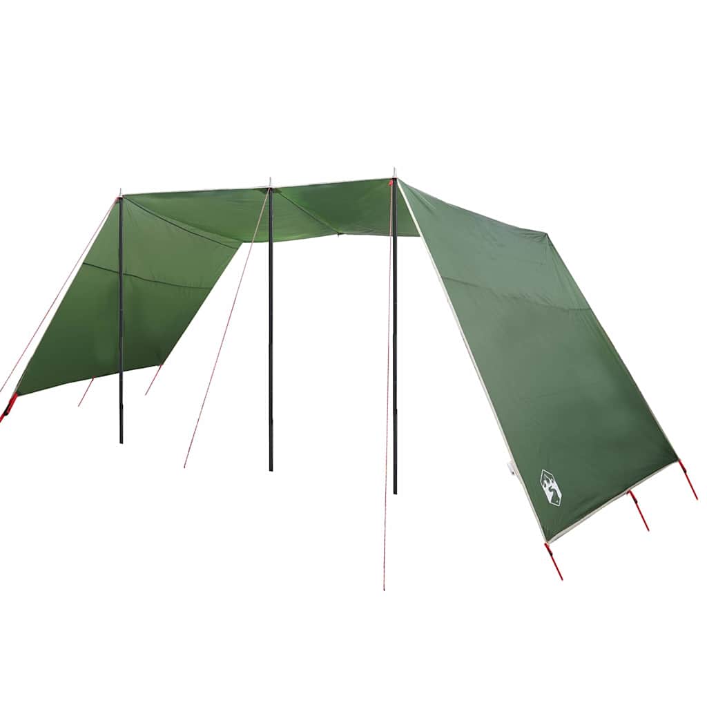 Detail van de vidaXL waterbestendige tarp in groen, zijaanzicht met opgezette steunpalen.