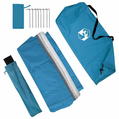 Detail van de vidaXL waterbestendige tarp in blauw met bijbehorende haringen en opbergtas.