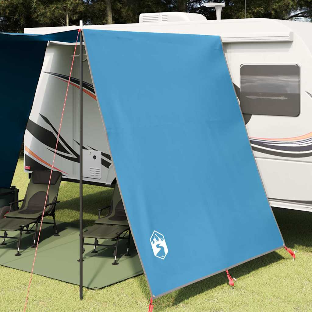 Detail van de vidaXL waterbestendige tarp in blauw, schuin opgesteld met steunpalen.