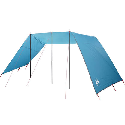 Zijaanzicht van de vidaXL waterbestendige tarp in helderblauw, opgesteld met stokken.