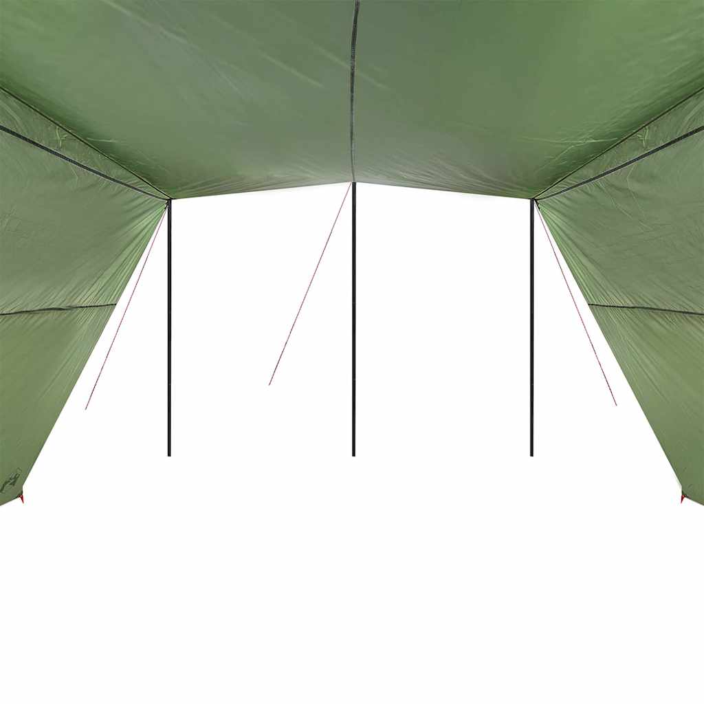 Zijaanzicht van de vidaXL waterbestendige tarp met groene binnenzijde en steunpalen.