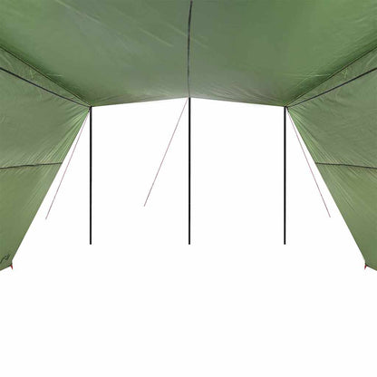 Zijaanzicht van de vidaXL waterbestendige tarp met groene binnenzijde en steunpalen.