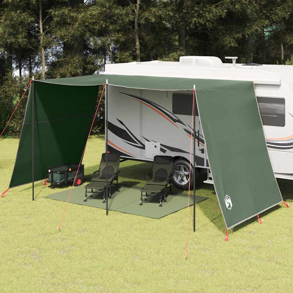 vidaXL waterbestendige tarp in groen, opgezette tent met stoelen en campingomgeving.