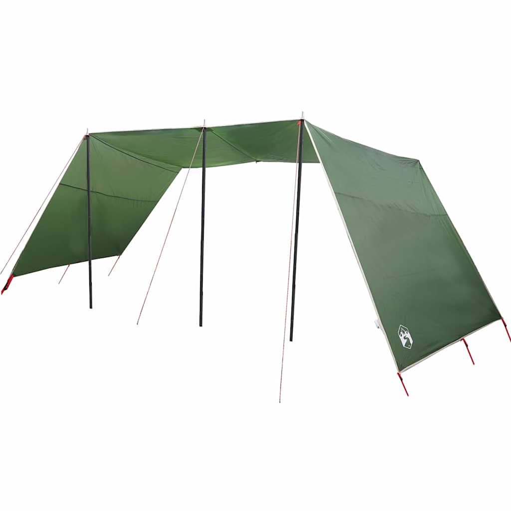 Detail van de vidaXL waterbestendige tarp in groen, zijaanzicht met stokken en bevestigingen.