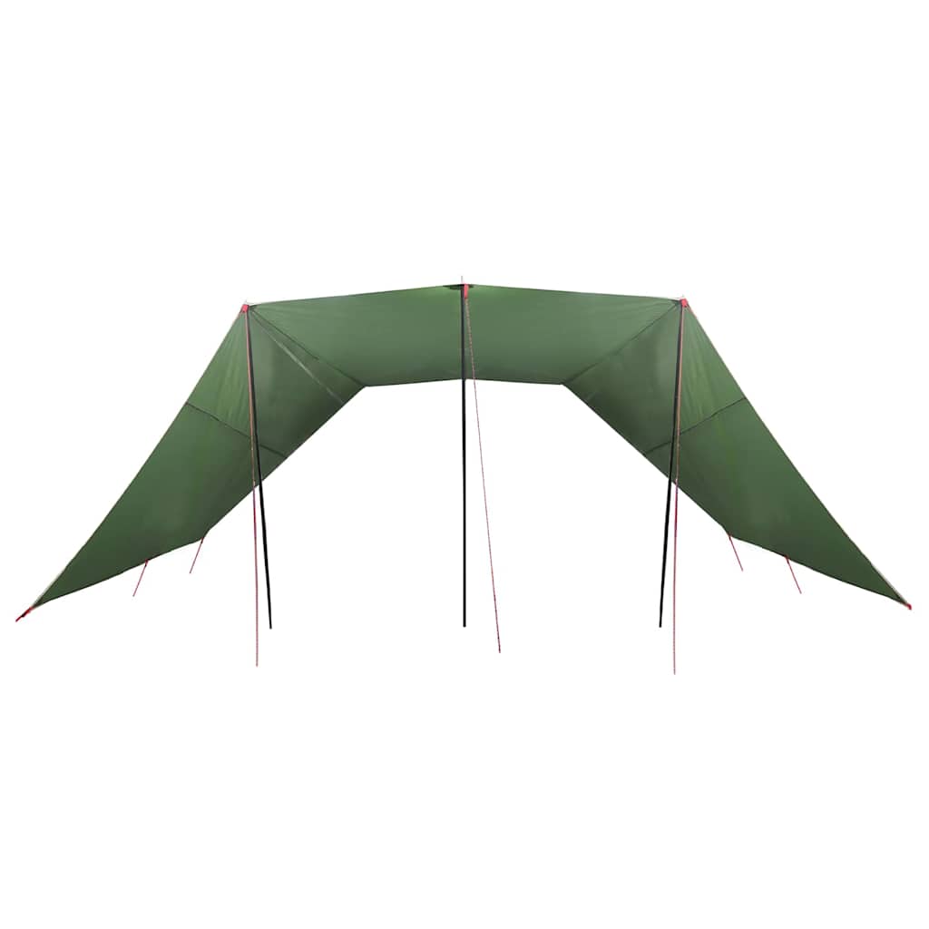 Detail van de vidaXL waterbestendige tarp in groene kleur, zijaanzicht met opgezette palen.
