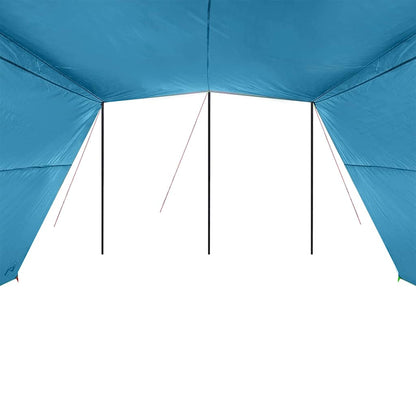 Detail van de vidaXL waterbestendige tarp, zijaanzicht met daksteunen en blauwe stof.