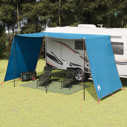 vidaXL waterbestendige tarp in blauw, opgesteld voor een caravan met twee ligstoelen eronder.