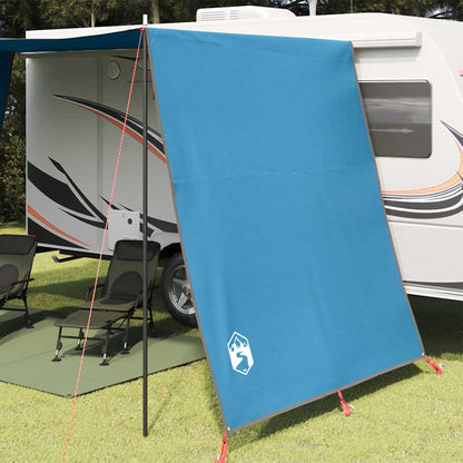 Detail van de vidaXL waterbestendige tarp in blauw, opgesteld naast een caravan.
