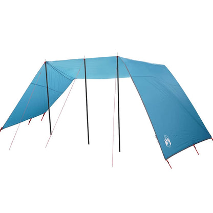 Zijaanzicht van de vidaXL waterbestendige tarp in helderblauw, opgesteld met stokken.