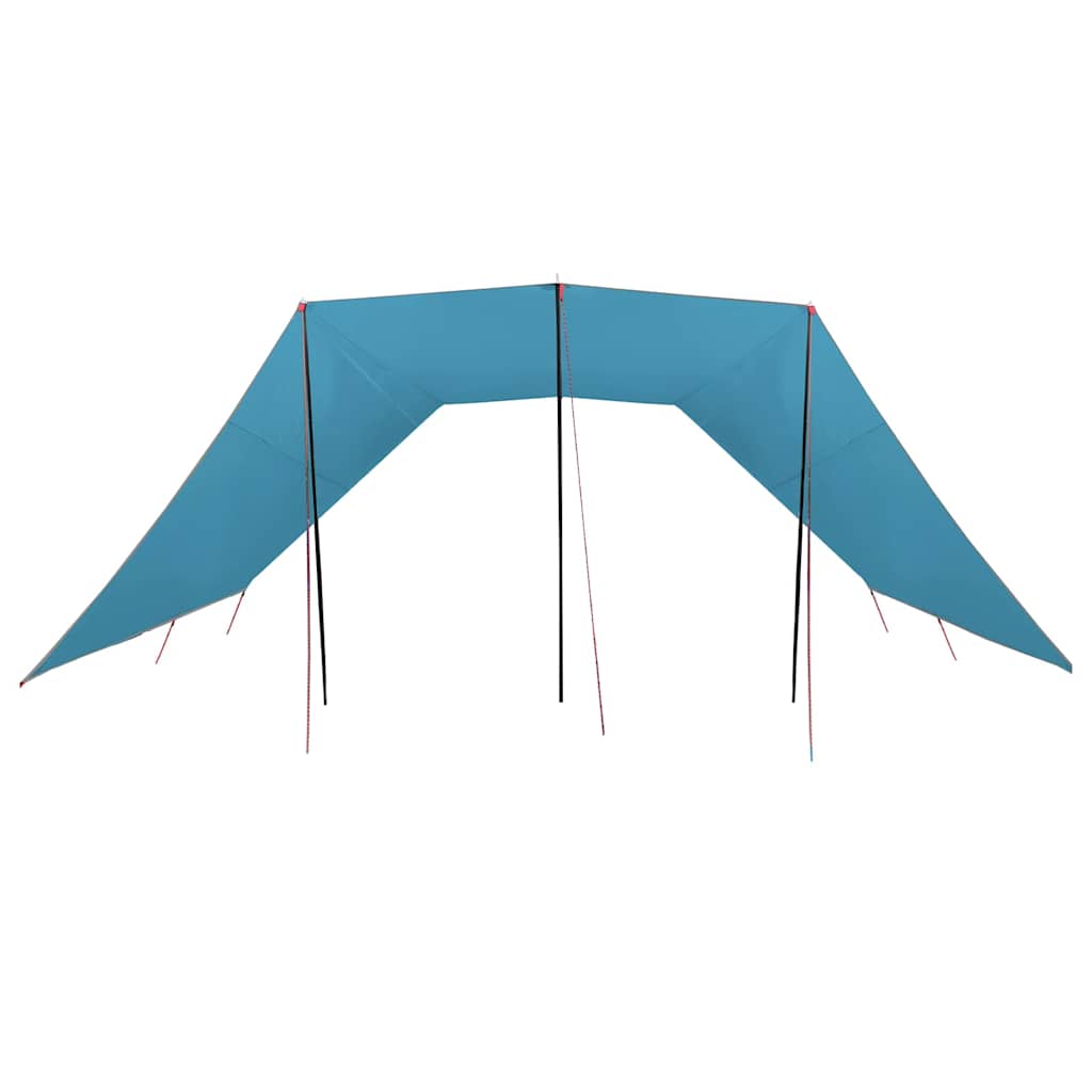Detail van de vidaXL waterbestendige tarp in lichtblauw, zijaanzicht met opgezette stokken.