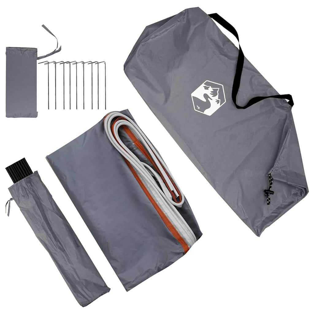 Grijze vidaXL waterbestendige tarp met accessoires en bevestigingsmateriaal in opbergtas.