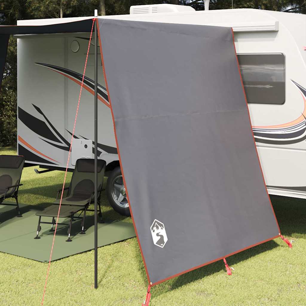 Detail van de vidaXL waterbestendige tarp in grijs, opgesteld als schuilplek naast een caravan.
