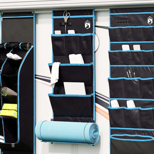 Zwarte vidaXL opslagzak met blauwe accenten, hangend aan een wand met meerdere opbergvakken.