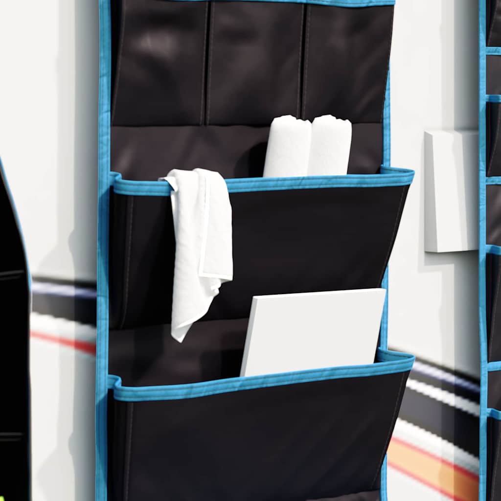 Detail van de vidaXL opslagzak in zwart met blauwe randen, met opbergvakken voor handdoeken en andere spullen.