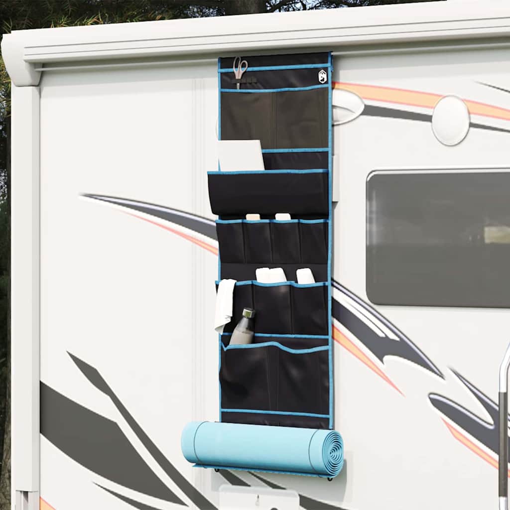 vidaXL opslagzak in zwart en blauw, hangend aan een wand met meerdere opbergvakken.