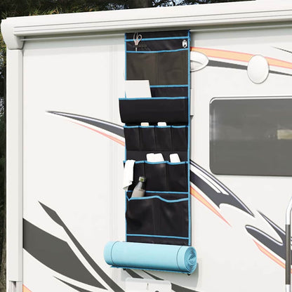vidaXL opslagzak in zwart en blauw, hangend aan een wand met meerdere opbergvakken.