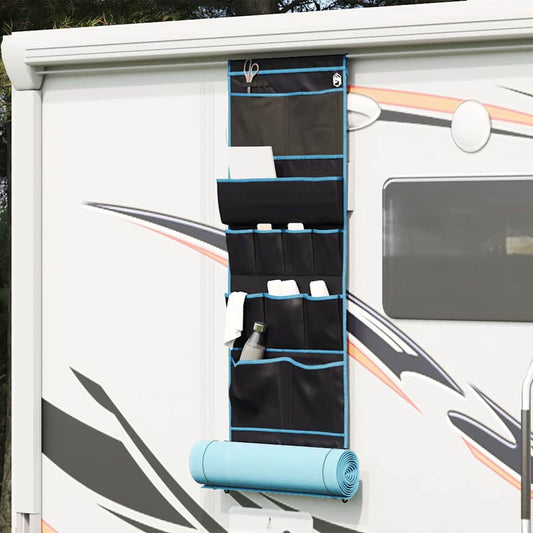 vidaXL opslagzak in zwart en blauw, hangend aan een wand met meerdere opbergvakken.