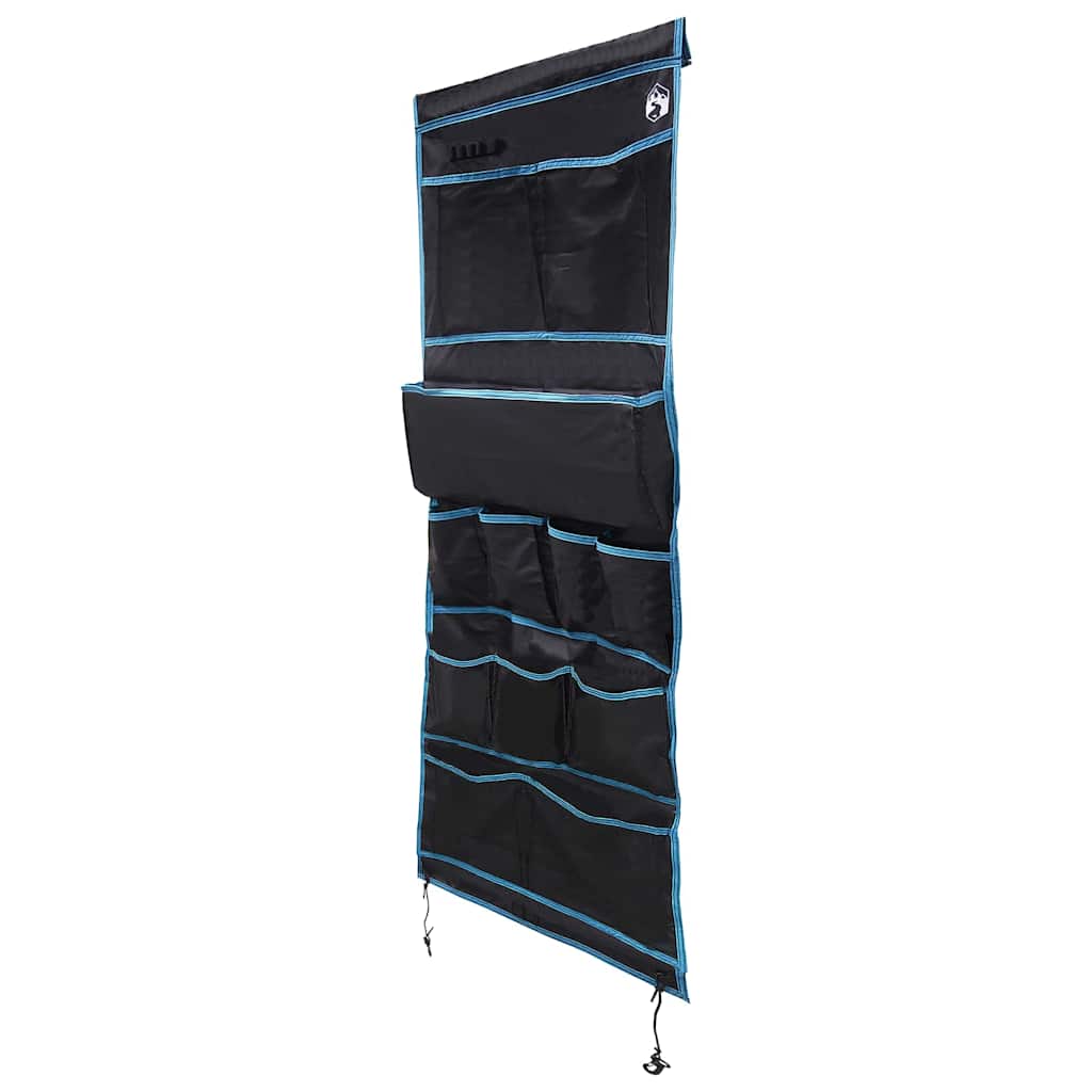 Zijaanzicht van de vidaXL opslagzak in zwart met blauwe accenten en meerdere opbergvakken.