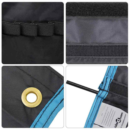 Detail van de zwarte en blauwe vidaXL opslagzak met bevestigingslussen en metalen eyelet.