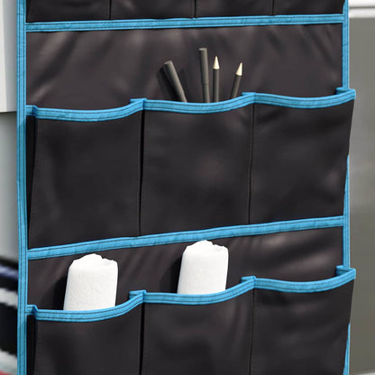 Detail van de vidaXL opslagzak met zwarte en blauwe opbergvakken voor kampeerspullen.