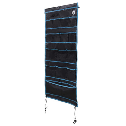 Detail van de vidaXL opslagzak in zwart met blauwe randen, zijaanzicht met opbergvakken.