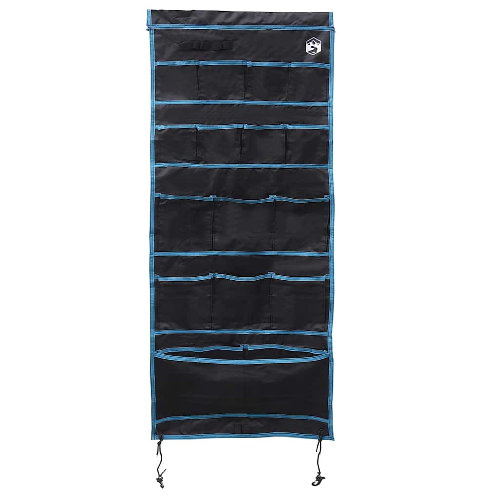 Zijaanzicht van de vidaXL opslagzak in zwart met blauwe randen en meerdere opbergvakken.