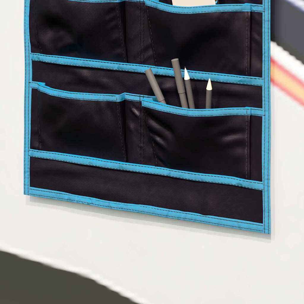 Detail van de zwarte vidaXL opslagzak met blauwe randen en opbergvakken voor accessoires.