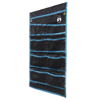 Detail van de vidaXL opslagzak met zeven opbergvakken in zwart en blauw.