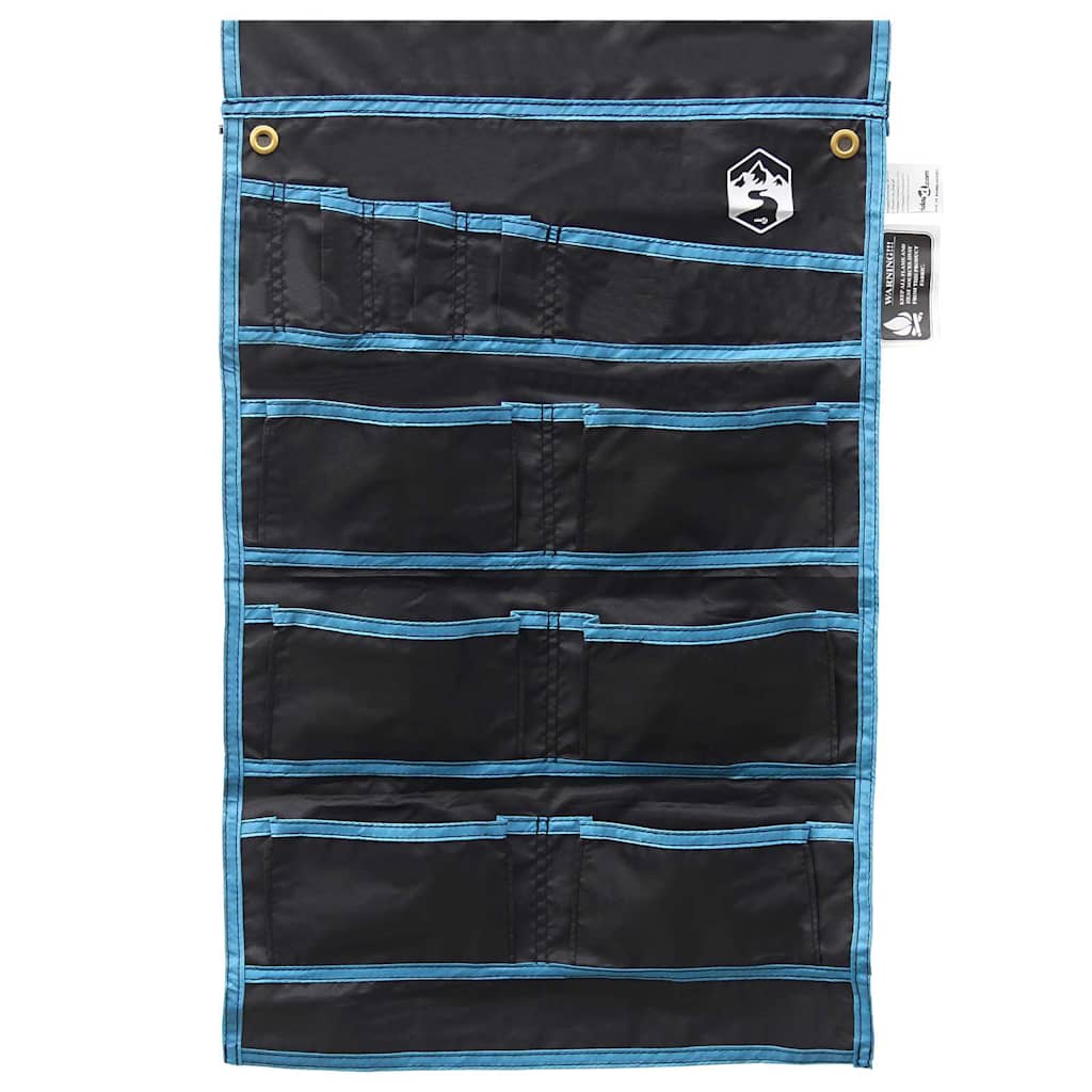 Detail van de vidaXL opslagzak in zwart met blauwe accenten en meerdere opbergvakken.