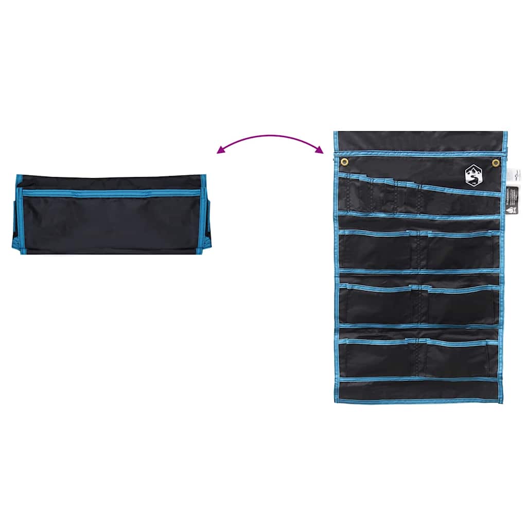 Detail van de vidaXL opslagzak in zwart en blauw, met opbergvakken en opvouwbare functie.