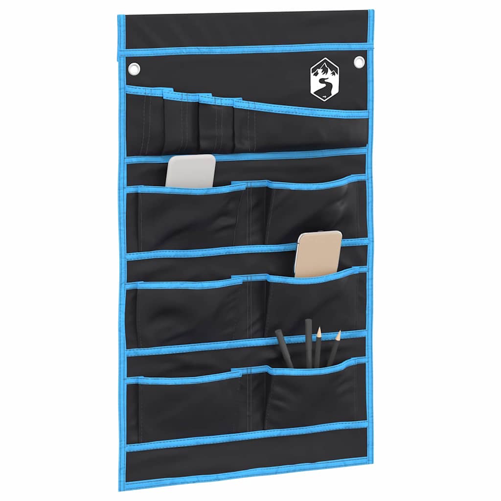 Detail van de vidaXL opslagzak met meerdere opbergvakken in zwart en blauw.