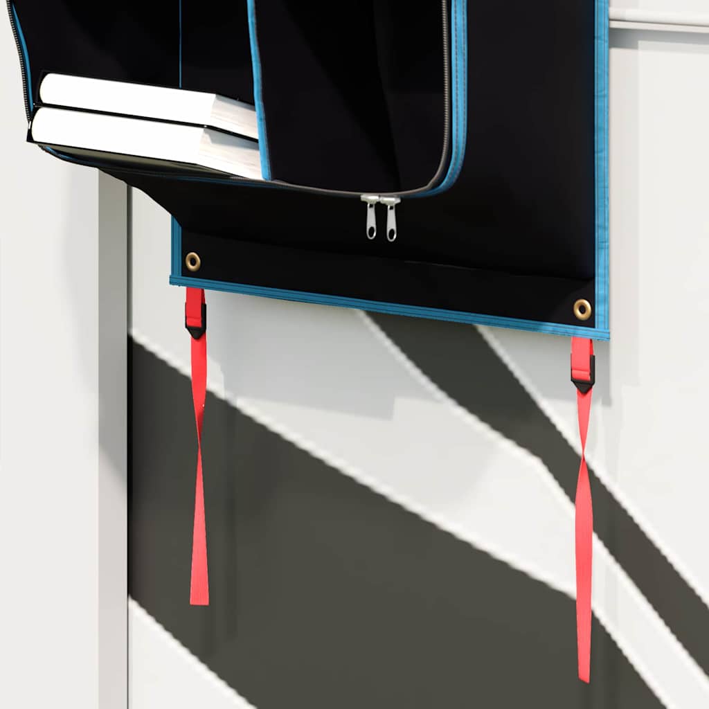 Detail van de vidaXL opslagzak met rits en bevestigingsriemen in zwart en blauw.