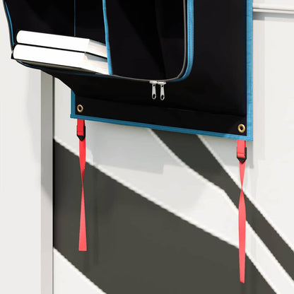 Detail van de vidaXL opslagzak met rits en bevestigingsriemen in zwart en blauw.