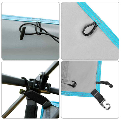 Detail van de bevestigingssystemen en randen van de vidaXL Hangende Tentorganiser in grijs en blauw.